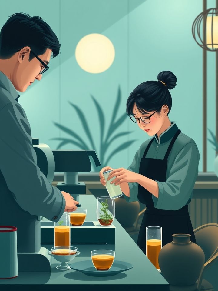 展示加盟商培训现场，导师指导设备操作，学员手作饮品特写