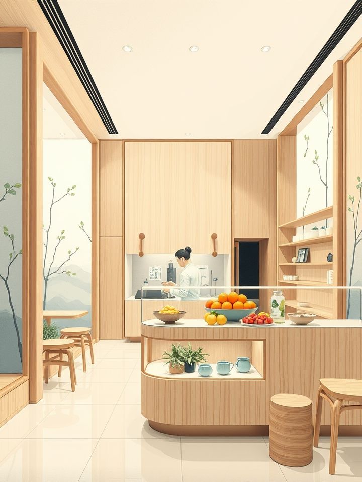 全国奶茶连锁加盟相关的**插图1**:（现代化门店实景图：浅木色调空间搭配水墨屏风，工作人员正在透明操作台进行鲜果现切，背