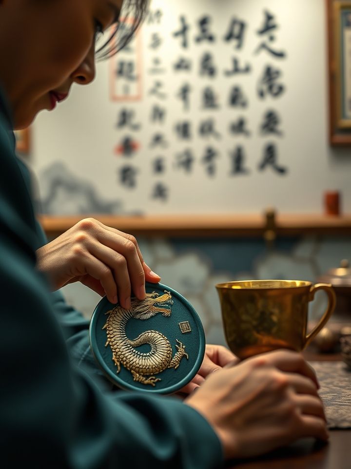 采用故事性构图，呈现顾客手持龙纹杯垫与鎏金杯的互动场景，背景虚化处有墙上绘制的《茶经》节选书法作品，体现文化元素与产品的有机融合