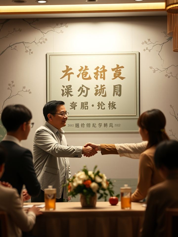 加盟商签约仪式，创业者与品牌代表握手，背景为“万元加盟补贴”政策展示板