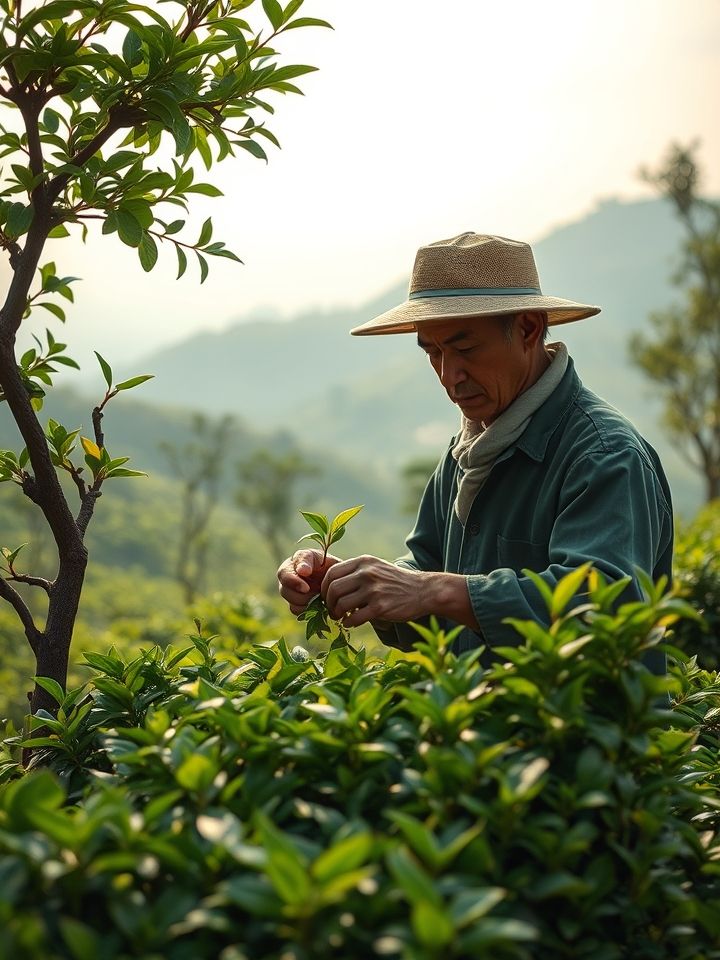 茶农手工采摘带嫩茎的古树鲜叶
