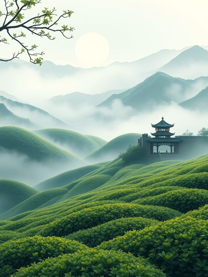 展现云雾缭绕山间自然生态的六堡茶茶园