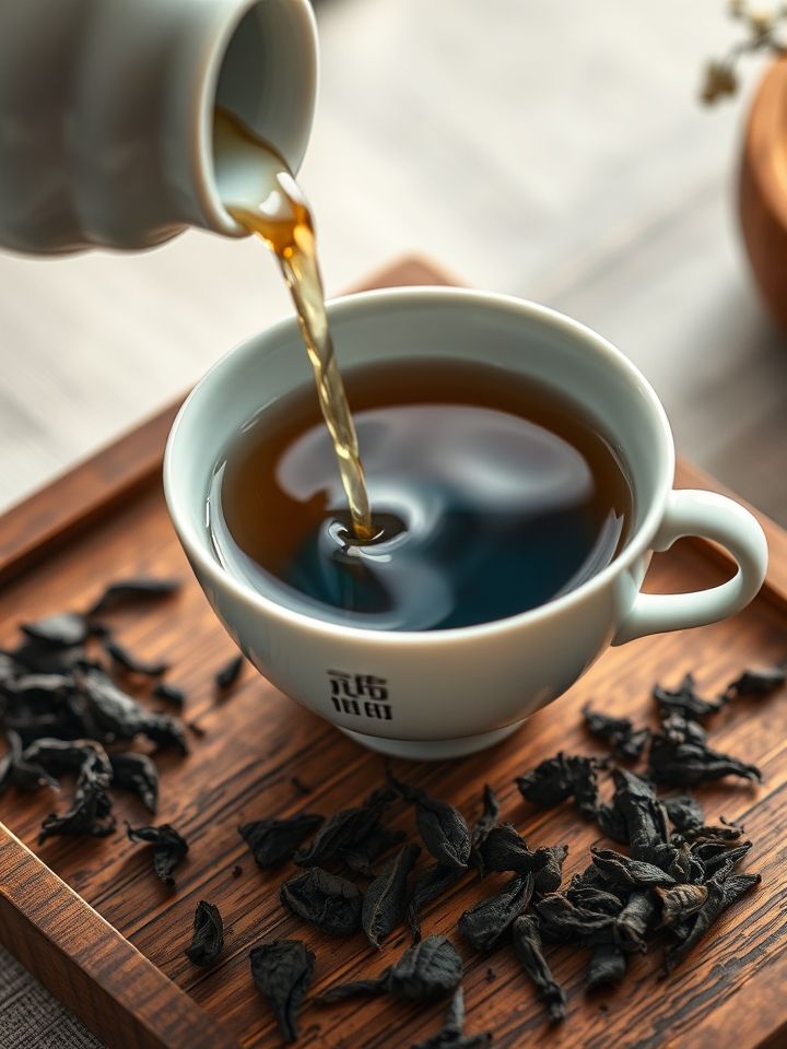 陈皮六堡茶倾注于白瓷杯、茶汤氤氲、干制陈皮与六堡茶叶特写、木质茶盘、袅袅热气茶香氛围。