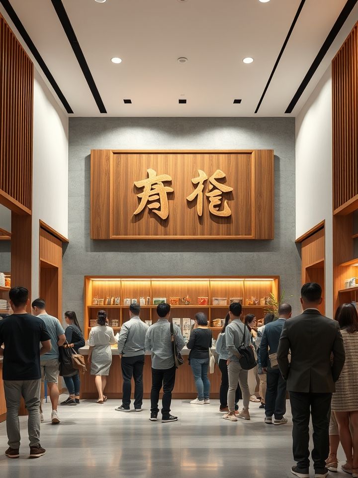 品牌门店实景，明亮空间内顾客有序排队，背景墙突出“龙的良方式茶”木质招牌