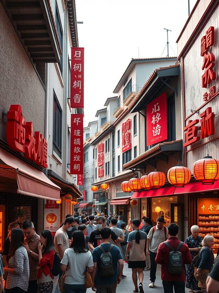 展示宁夏某商圈奶茶店聚集实景，突出龙的良方式茶门店标志性红色招牌与排队场景