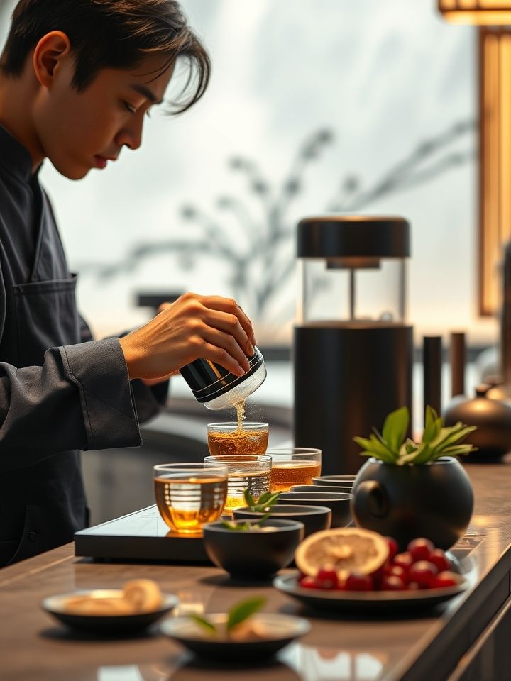 产品制作过程特写，茶艺师正在操作定制化设备，吧台陈列着当季鲜果原料
