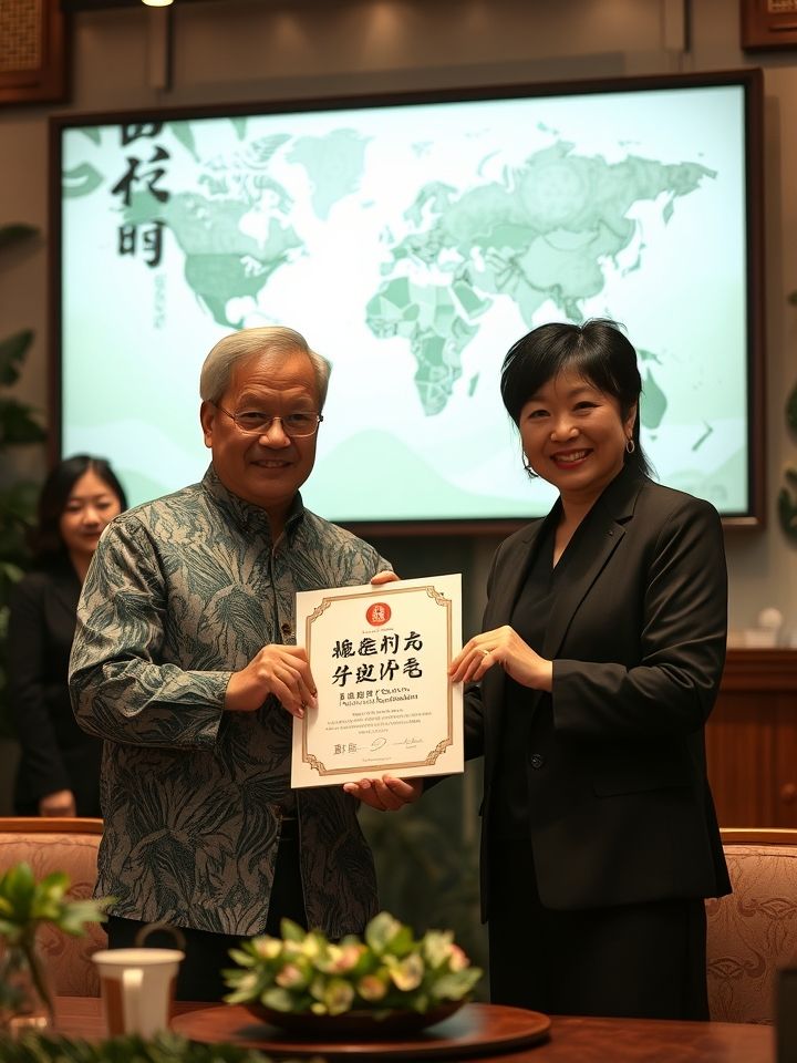 展示龙的良方式茶加盟签约仪式，创始人向加盟商颁发授权证书，背景屏有实时增长的门店分布地图