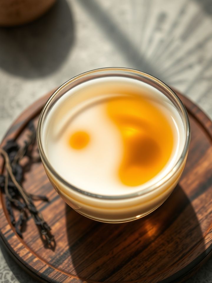 一杯金色茶汤与新鲜牛乳融合的特写，搭配木质托盘与品牌标识，展现品质与自然气息
