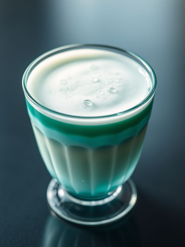 透明杯身展现翡翠色茶汤与雪顶奶盖层次美感，杯壁水珠凸显冰爽感
