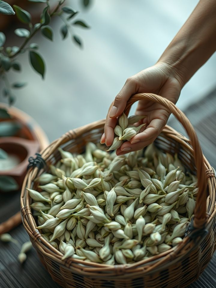 非遗传承人手工拣剔茶青纪实画面，竹匾中银白芽叶清晰可见