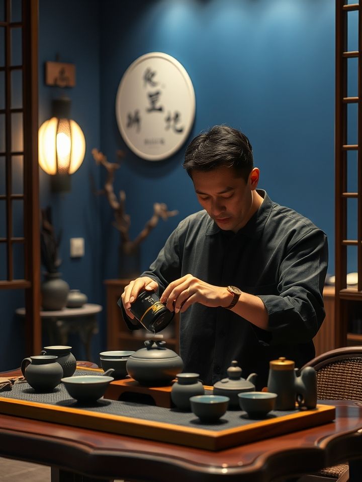 品牌创始人手持定制茶具冲泡招牌产品，背景为古风与现代元素融合的门店场景