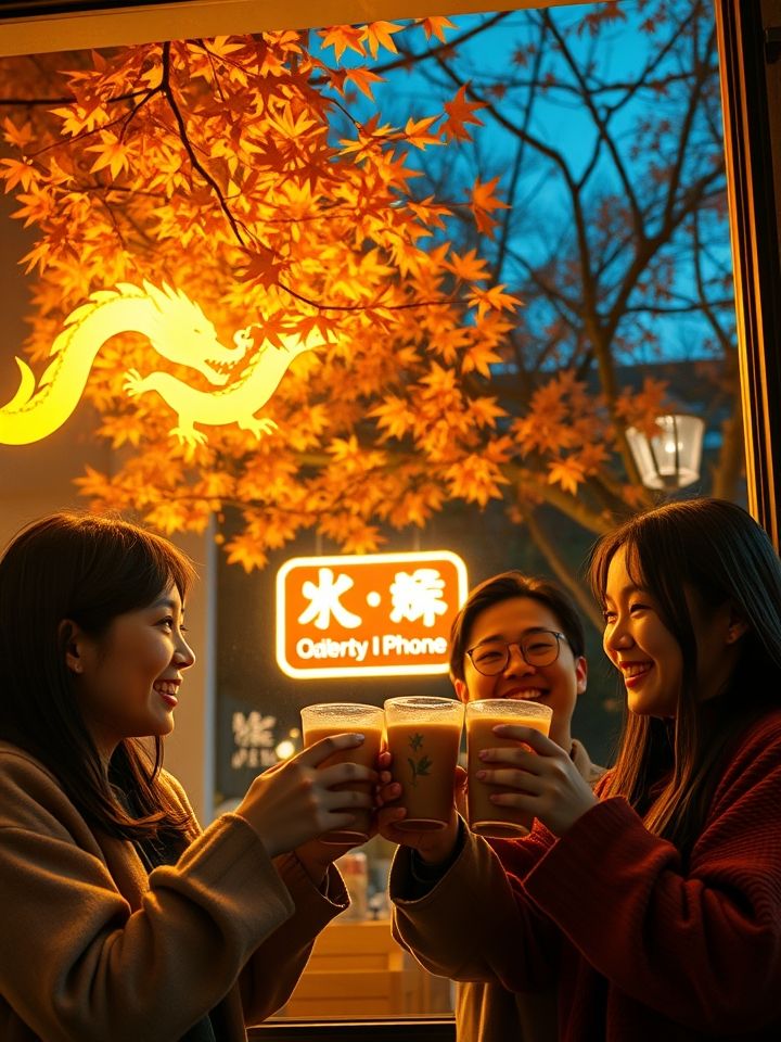 夜幕下门店橱窗透出暖黄灯光，玻璃投射龙形剪影，三位年轻顾客手持奶茶在枫树下碰杯欢笑，远处有“电话订餐免排队”发光字牌