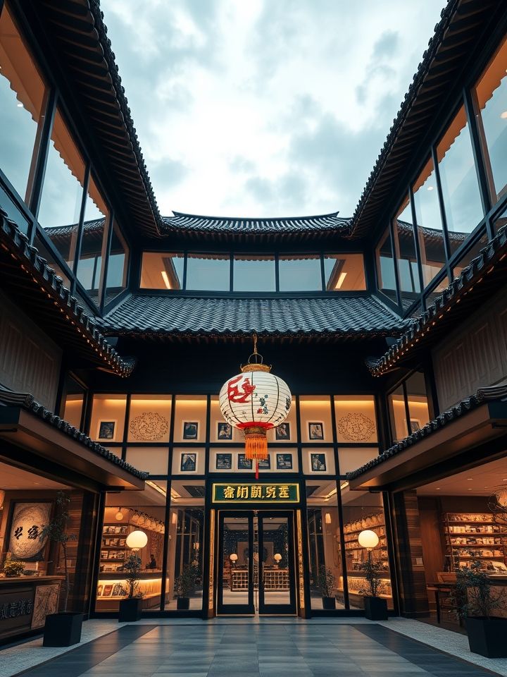 总店全景外观，体现古风屋檐与现代落地窗碰撞，门口有龙纹灯笼