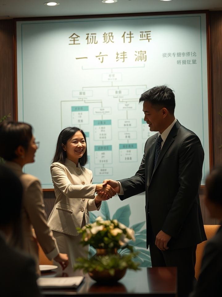 呈现加盟商签约仪式，创业者与品牌代表握手，背景为加盟政策流程图