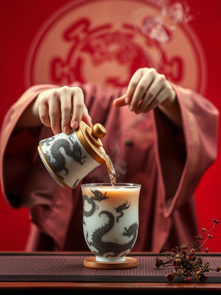 龙的良方奶茶奶茶怎么加盟相关的**插图1**：古色古香的茶艺师手持定制龙纹茶壶，向现代感十足的奶茶杯中倾注茶汤，背景为品牌标志性红
