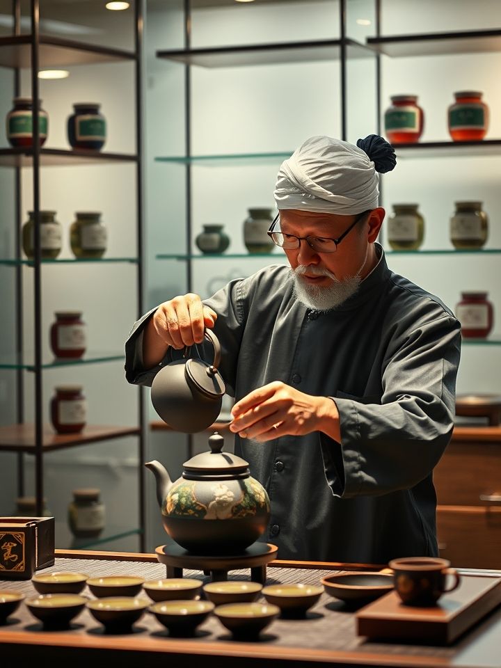 拍摄透明操作间茶艺师用紫砂壶进行凤凰三点头冲泡技法的动态图，强化专业技艺可视化，背景展架陈列标有节气名称的茶罐