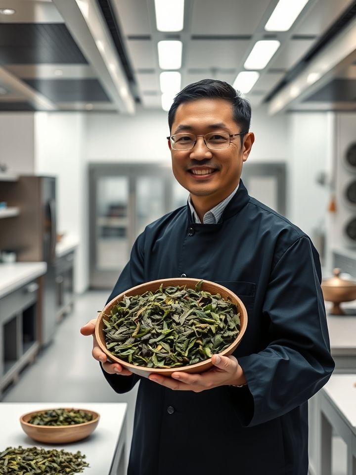展示品牌创始人手持定制茶叶原料，背景为现代化中央厨房，突出原料品质与生产标准化