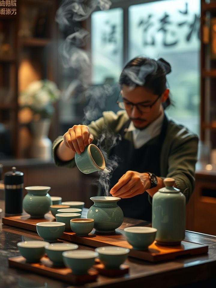 开放式吧台前茶艺师用青瓷茶具展示冷萃工艺