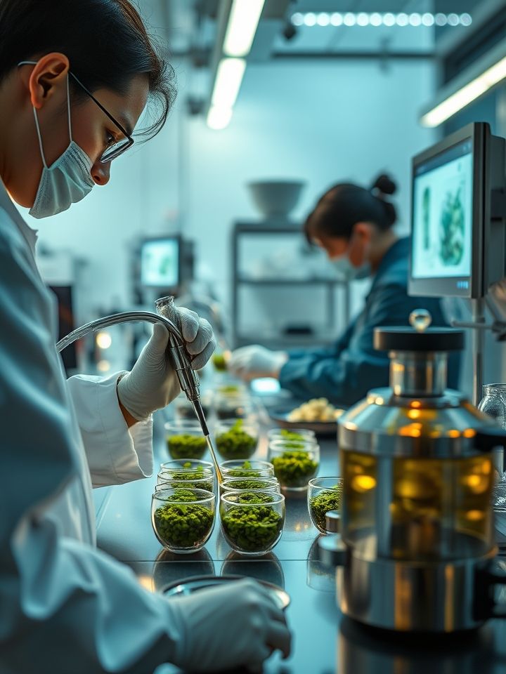 展示品牌研发团队在实验室调试茶汤比例的实拍图，突出专业设备与新鲜原料