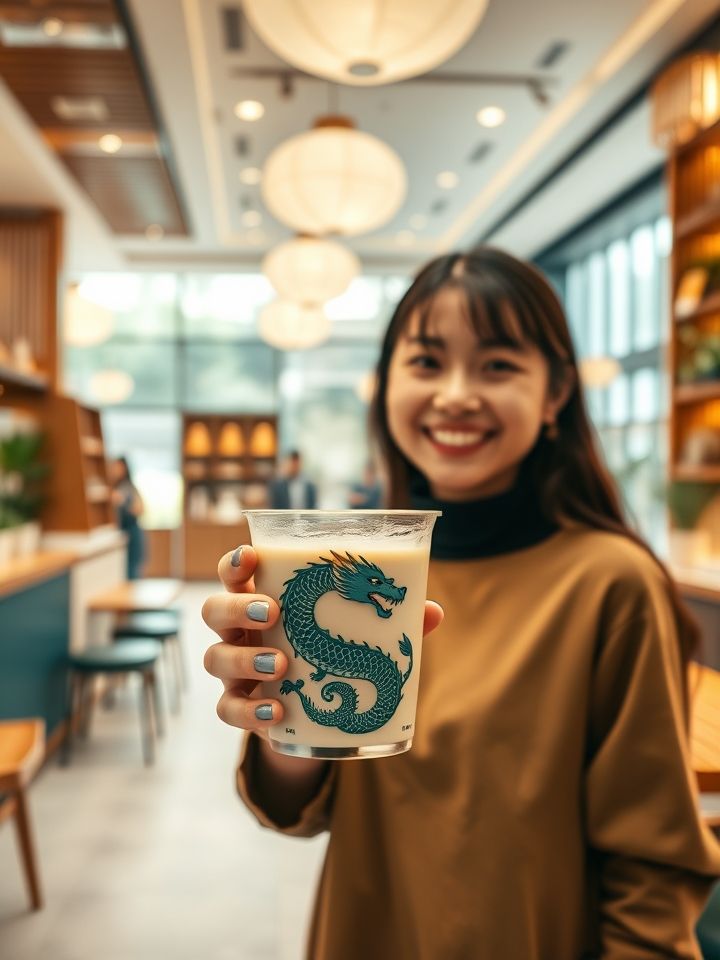 展示门店实景，明档操作区飘散茶香，顾客手持印有龙纹LOGO的杯装奶茶