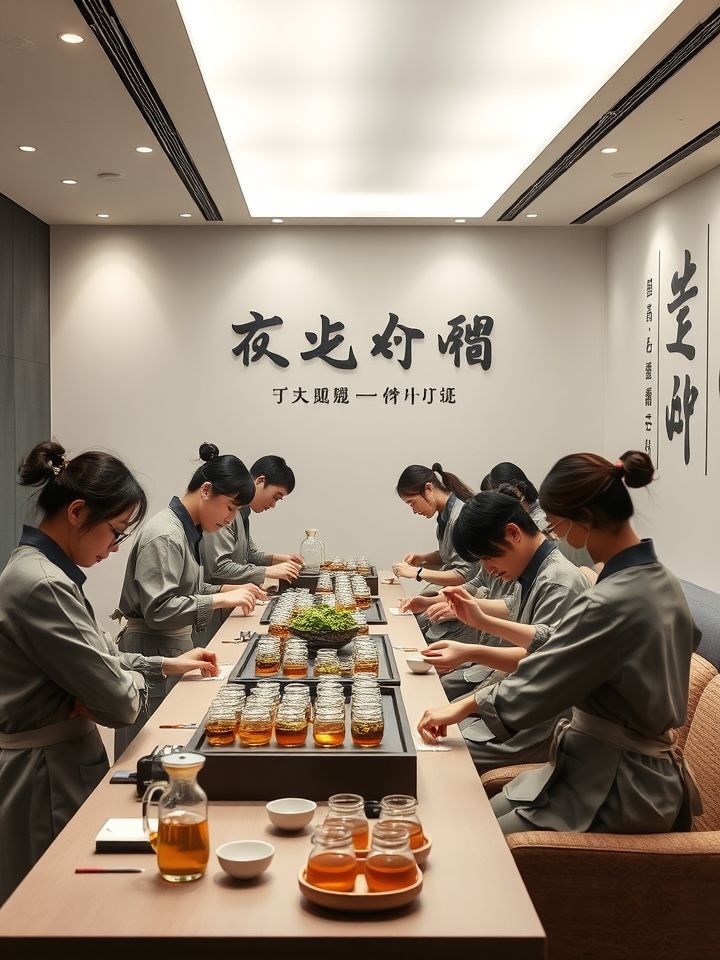现代化培训教室内，学员身着统一制服专注调制饮品，墙面可见“龙的良方式茶技艺传承”艺术字的加盟商培训现场