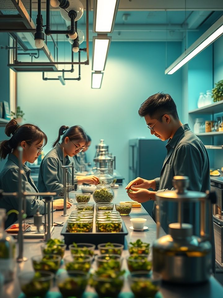 产品研发实验室实拍，工作人员正在测试新式茶饮配方