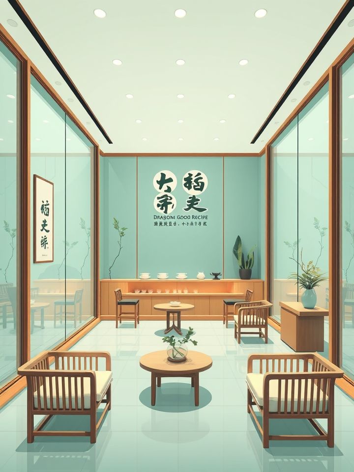 龙的良方加盟电话号码相关的**插图1**: 明亮整洁的龙的良方式茶门店实景图，玻璃幕墙映衬着