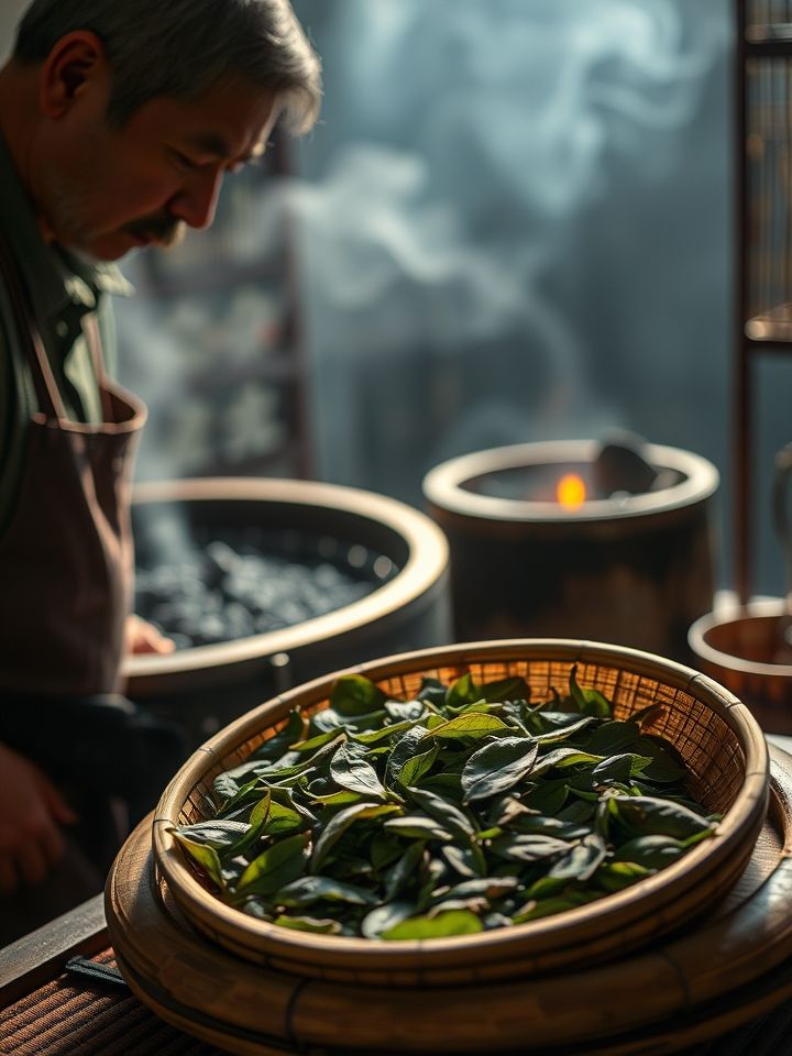 老师傅在木质焙笼旁观察炭火温度，竹制茶筛上茶叶泛起油润光泽