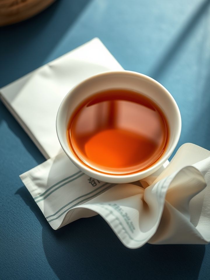 素白瓷碗中透亮的琥珀色茶汤，旁置展开的手工棉纸包装