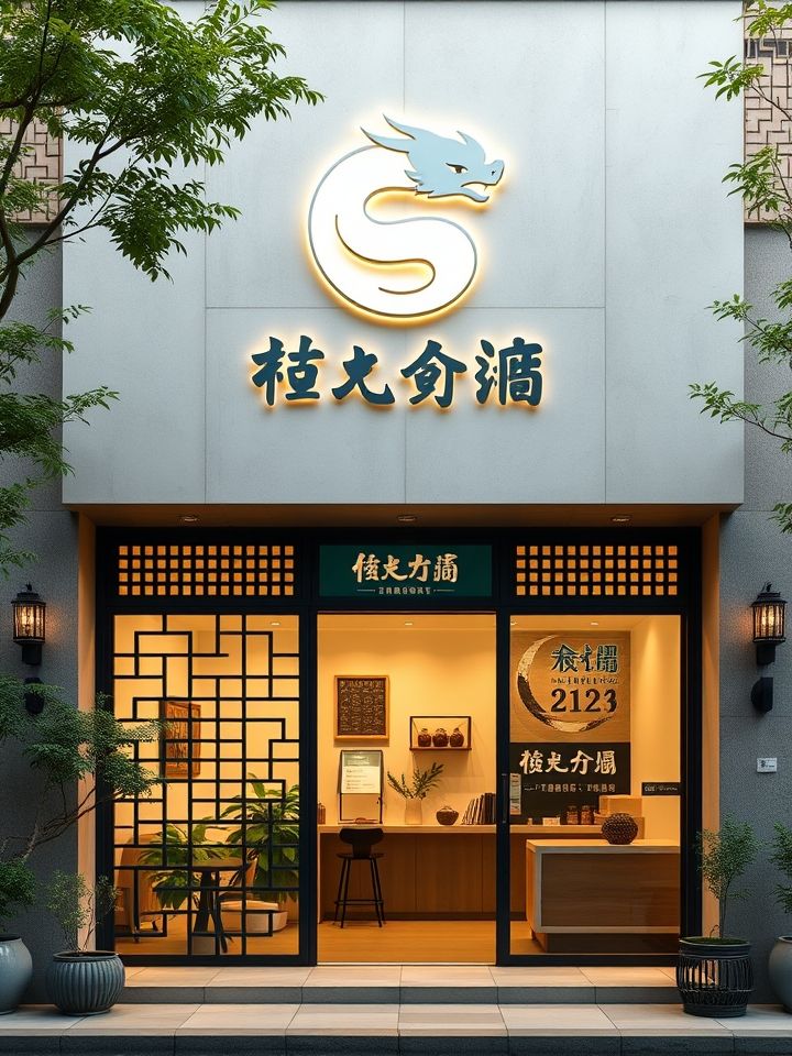 张掖首家龙的良方式茶门店，传统窗棂与现代极简风融合的门头吸引消费者