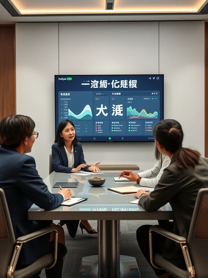 运营支持实拍，3名加盟商在总部培训室操作智能点餐系统，背景屏幕显示“龙的良方式茶”供应链实时监控数据看板