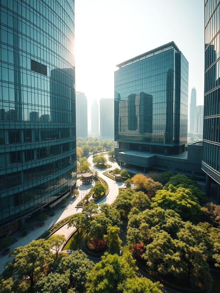 总部大楼全景航拍，玻璃幕墙建筑与园林景观交相辉映