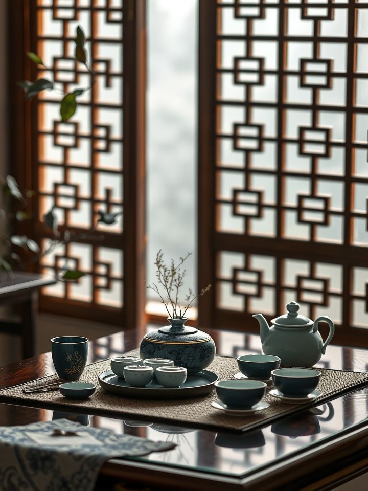 古风窗棂边茶席布置，桌案有茶笺礼盒与青瓷茶具