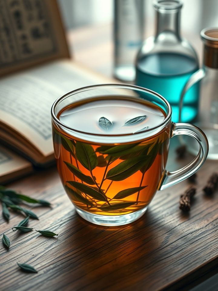 透明玻璃杯茶叶舒展，琥珀色茶汤有涟漪，桌案摆古籍与实验室器皿，突出传统与现代交融视觉符号