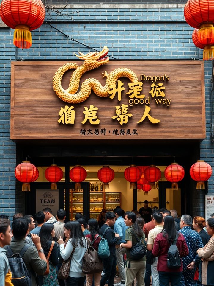 拍摄青砖黛瓦店铺外景，木质招牌上有金龙盘绕“龙的良方式茶”字样，突出新店门头设计与客流盛况，展现门前排队长龙与悬挂的朱红灯笼相映成趣的实景图