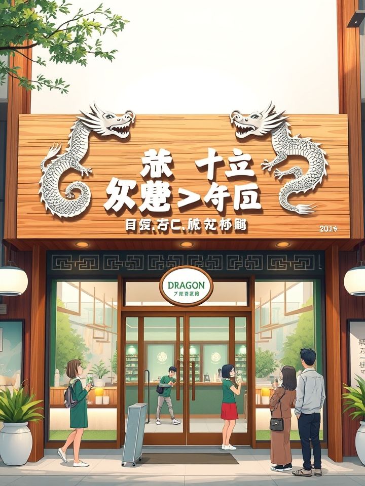 奶茶龙的良方加盟店相关的**插图1**：明亮整洁的旗舰店门头，木质招牌上“龙的良方”字样与龙纹图腾相映成趣，门口顾客手持特色