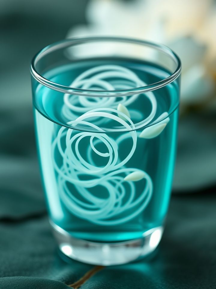 特写镜头下玻璃杯中根根莲须呈螺旋状悬浮