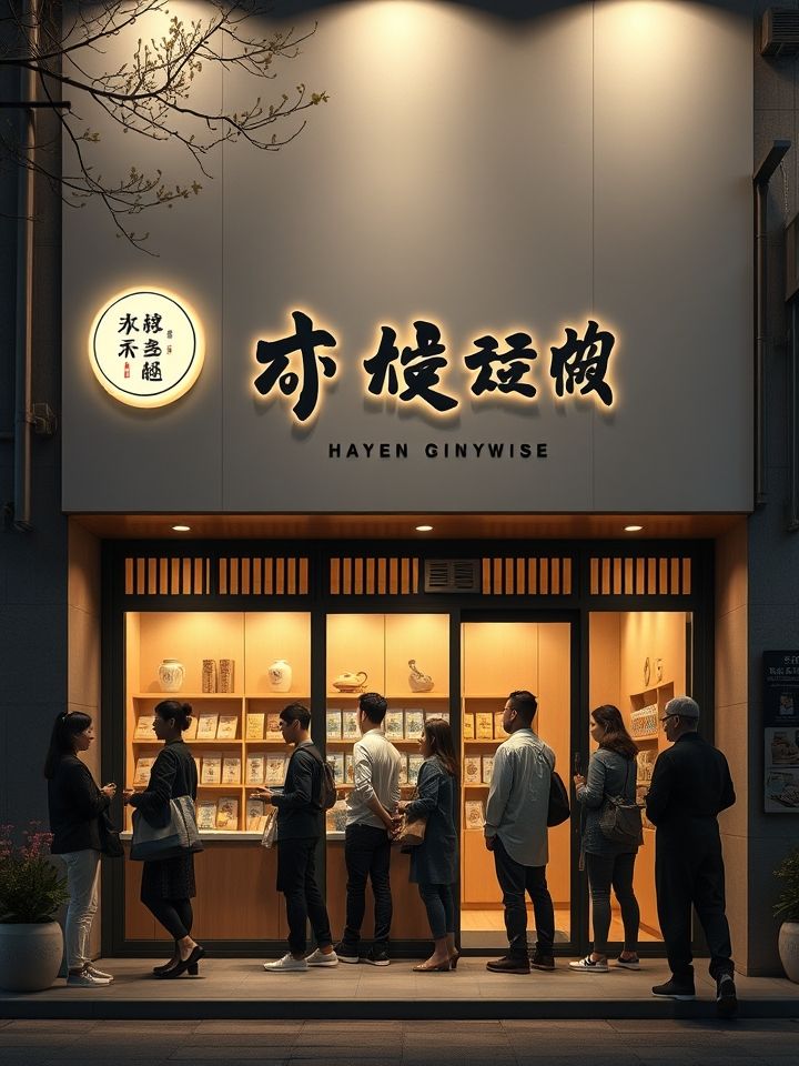 固原加盟店实景，简约中式门头搭配暖光氛围，顾客排队购买场景