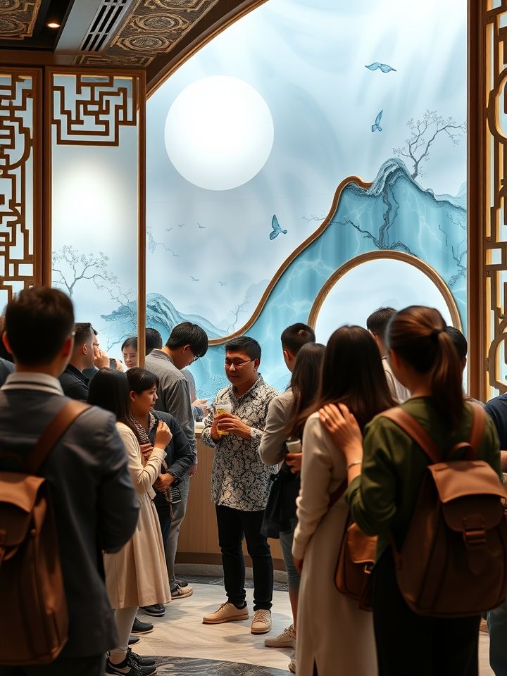 展示宁夏首店开业现场，有顾客排队购买饮品，背景为品牌特色装修风格