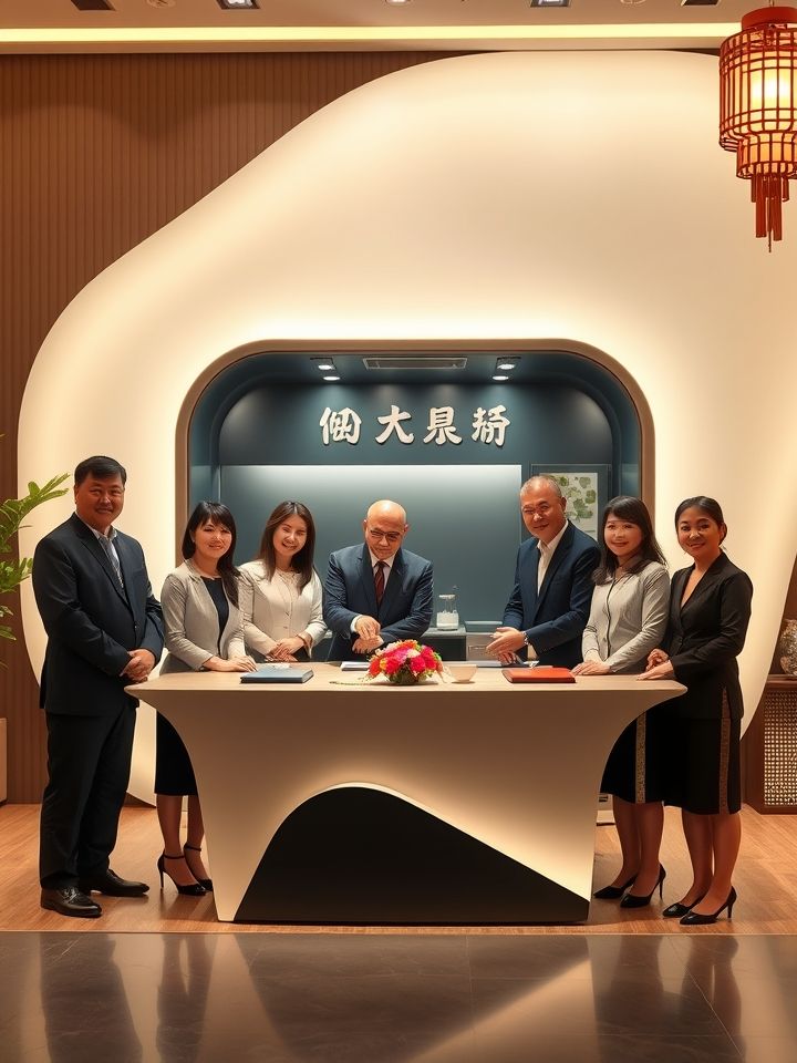 展示加盟商签约仪式现场，背景为品牌2023年全新打造的移动式茶饮操作台