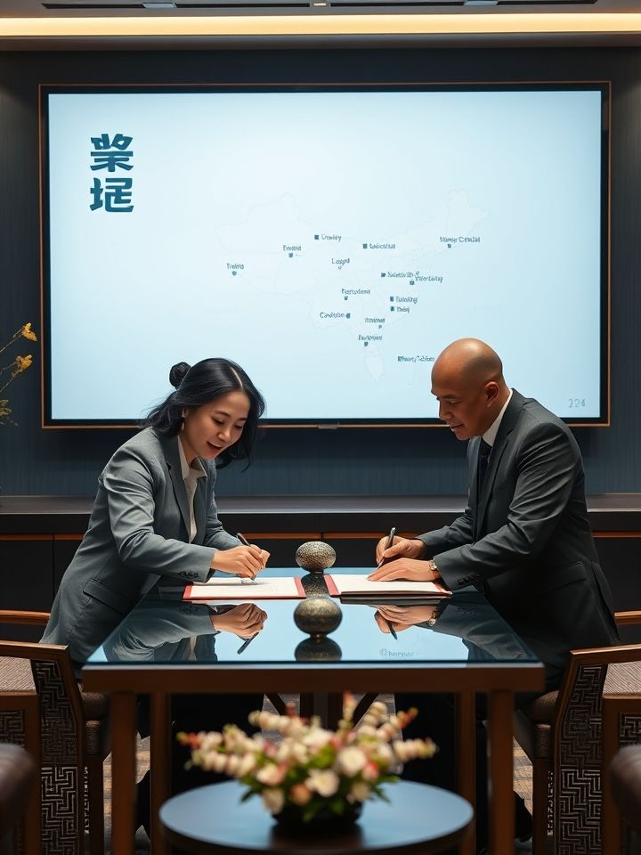加盟签约现场，品牌代表与藏族创业者签署合作协议，背景为电子屏显示的青海省网点分布图