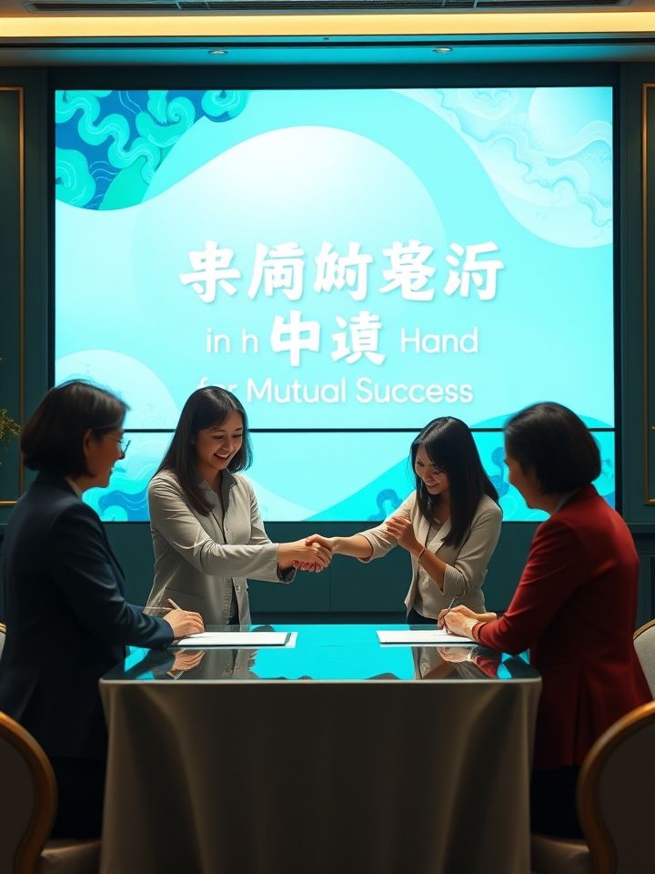 加盟商签约现场照片，背景LED屏显示携手共赢字样