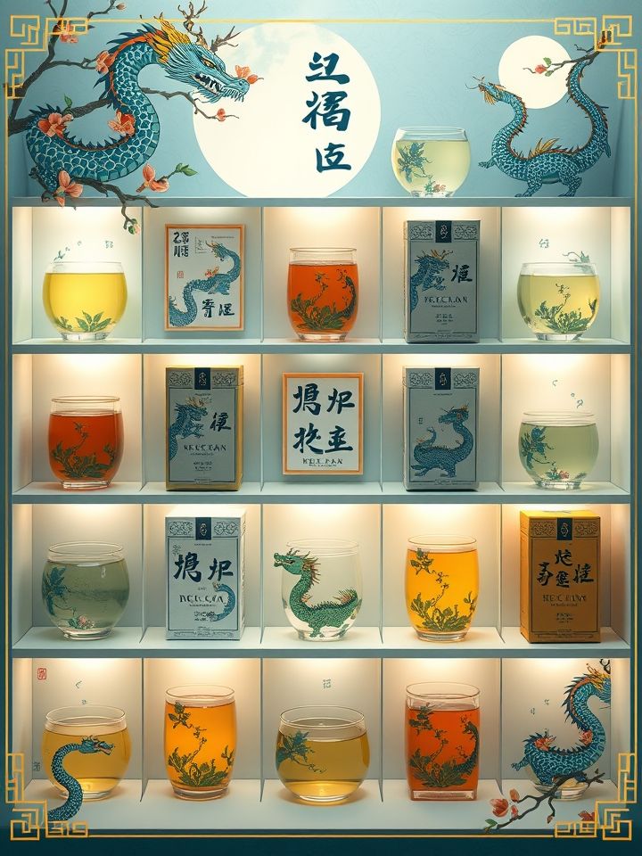 呈现龙的良方式茶产品矩阵，9宫格展示招牌饮品与应季限定款的陈列图