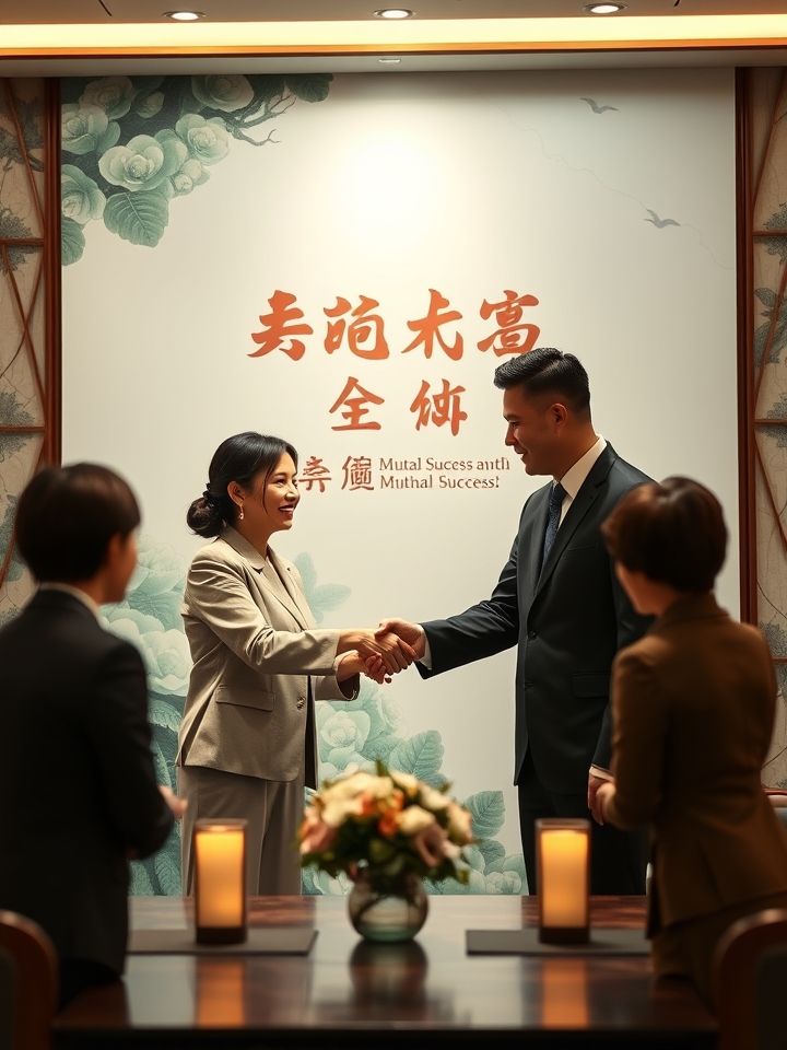 呈现加盟商与品牌方签约仪式现场，双方握手并展示“合作共赢”背景板
