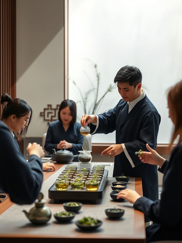 加盟商培训现场，茶艺师示范茶叶称重、闷泡步骤，学员实操记录