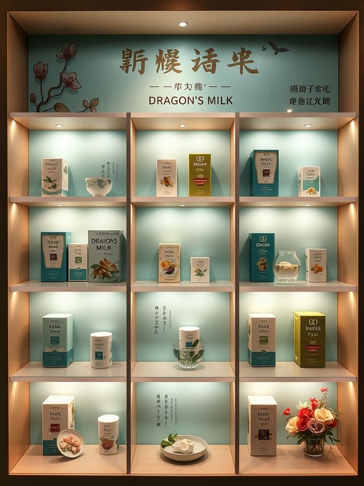包含招牌龙涎鲜乳、果茶及限定新品的九宫格产品陈列图，突出产品颜值与差异化，搭配品牌主题色