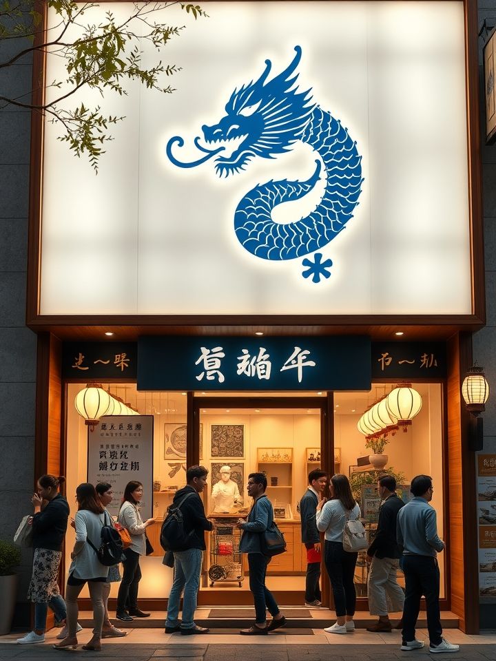展示龙的良方式茶明亮门店实景，有标志性龙纹logo与顾客排队场景，体现全国500 + 门店统一形象，日均客流量超300人次