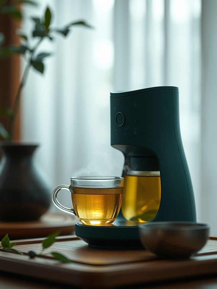展示智能煮茶设备工作场景特写，重点展示专利控温系统和量化操作界面