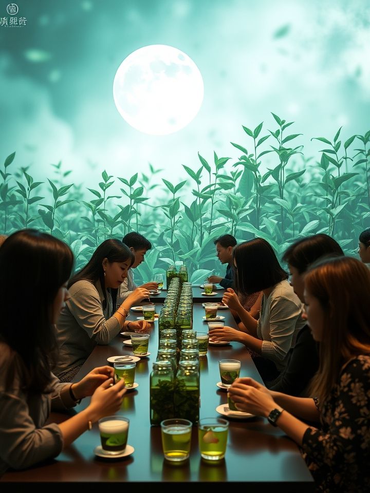 总部体验馆实景图，顾客正在品尝现制茶饮，背景墙为动态投影的茶叶生长影像