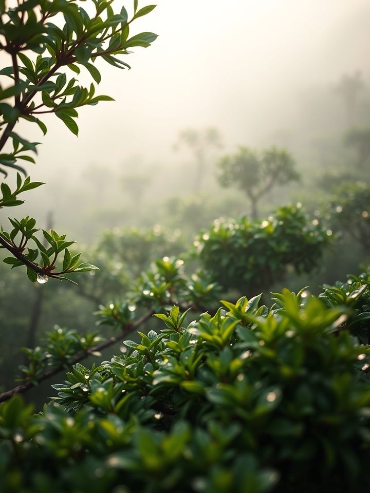 云雾缭绕的磻溪镇生态茶园茶树间晨露欲滴特写